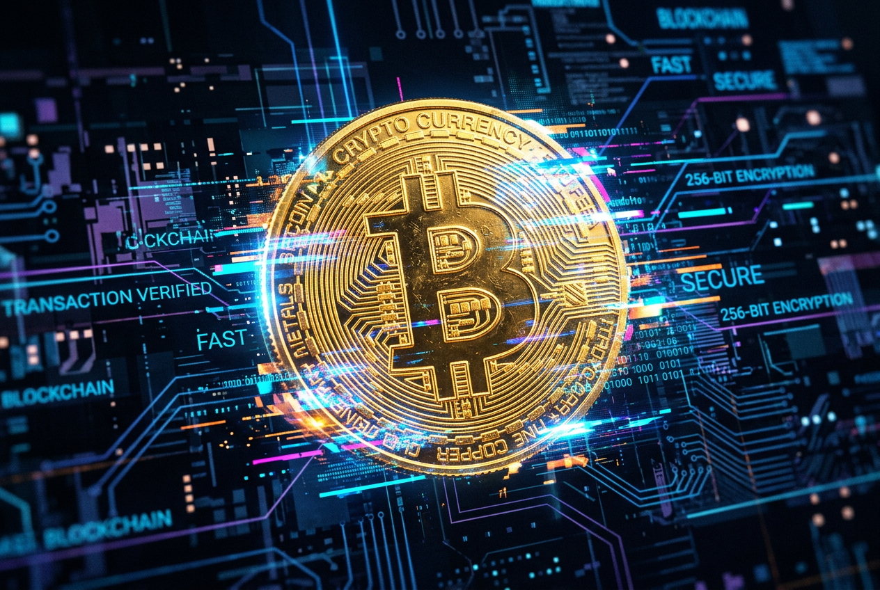 Złoty token kryptowalutowy na tle cyfrowych kodów symbolizujący bezpieczne płatności