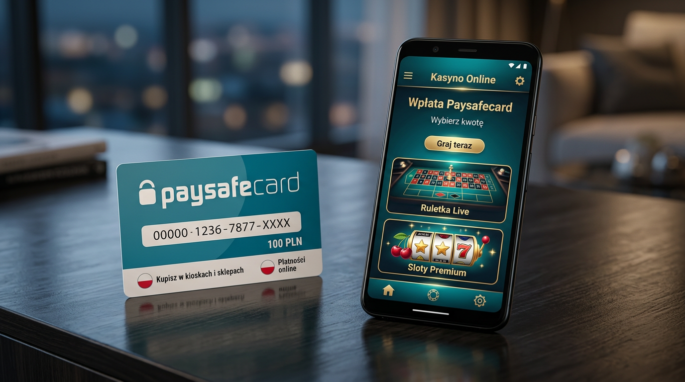 Paysafecard voucher and a casino application on a smartphone.