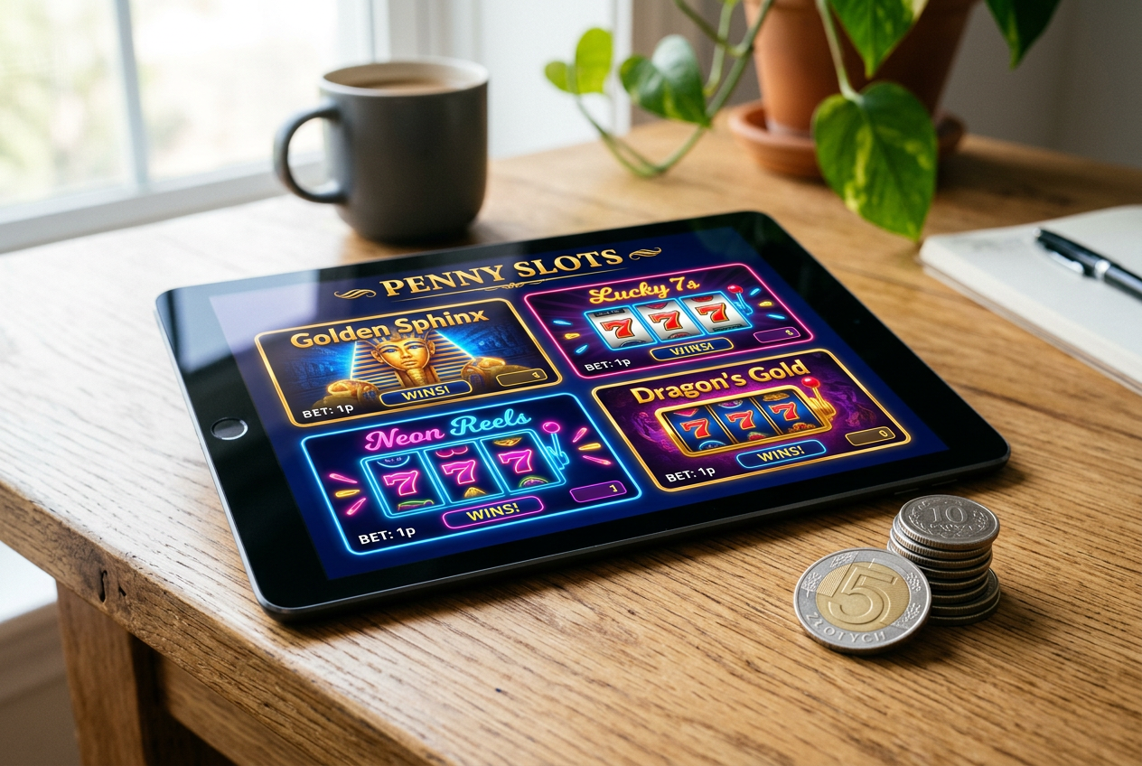 Tablet na drewnianym biurku prezentujący gry typu Penny Slots oraz monety o niskich nominałach